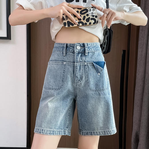 雀说浅蓝色牛仔裤直筒五分裤腿粗裤子高腰宽松阔腿过膝5分短裤AL S23B5241 商品图2