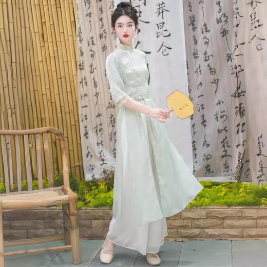 WY73-106-2090 2090新中式旗袍连衣裙夏季国风气质收腰修身显瘦套装高品质雪纺裤 商品图3