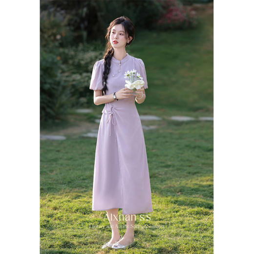 鹿向南「紫苑芳菲」新中式设计感连衣裙女夏季收腰系带开叉长裙L36532 商品图4