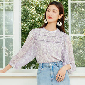 玳莎法式印花真丝衬衫女2024夏季新款织带拼接设计感小众长袖上衣  EB31302