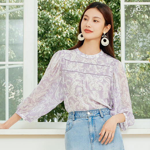 玳莎法式印花真丝衬衫女2024夏季新款织带拼接设计感小众长袖上衣  EB31302 商品图0