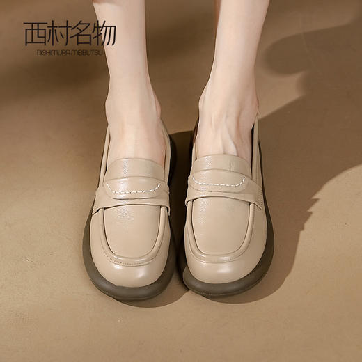西村名物2024春季真皮一脚蹬乐福鞋简约通勤粗跟皮鞋X23CM33871 商品图2