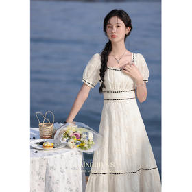 鹿向南「轻纱集」法式方领泡泡袖连衣裙女夏2024新款收腰显瘦裙子L36608