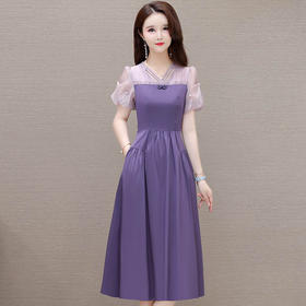 改良中式旗袍连衣裙，紫色拼结短袖中长裙QYM-LRX-1712457-Y