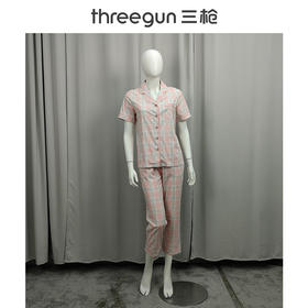 Threegun三枪 高支纯棉彩格翻领开襟短袖长裤女家居套-82114D011