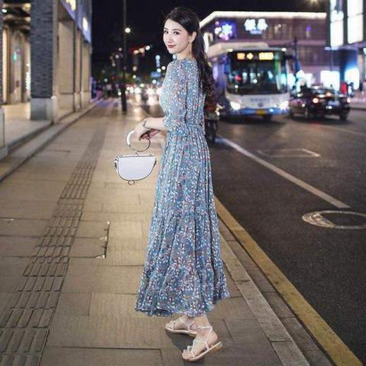 姐妹V领复古碎花雪纺连衣裙女新款夏季仙收腰显瘦大摆长裙_ym 商品图3