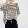 「学院风！小众设计」2024学院风绣花棉质短袖条纹衫女 韩版圆领短袖宽松T恤女款春夏季 商品缩略图2