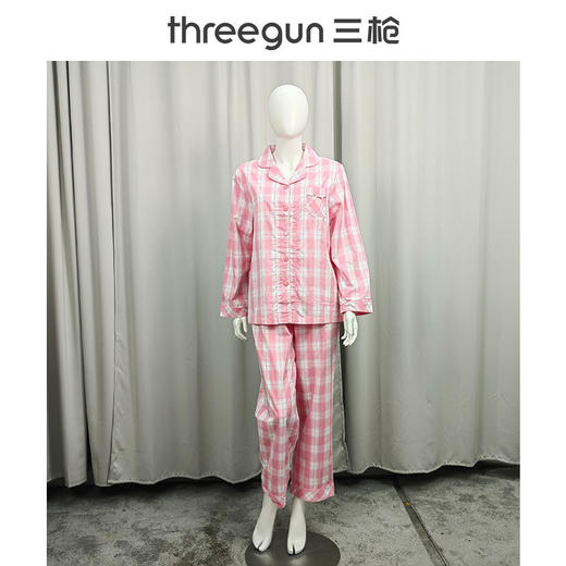 Threegun三枪 纯棉彩格翻领开襟长袖长裤女家居套-81690D911 商品图3