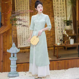 WY73-106-2090 2090新中式旗袍连衣裙夏季国风气质收腰修身显瘦套装高品质雪纺裤