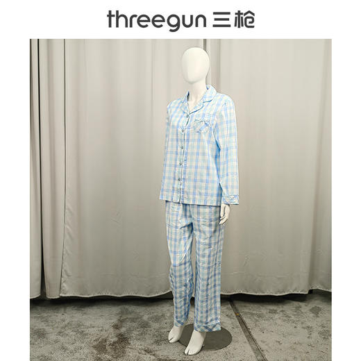 Threegun三枪 纯棉彩格翻领开襟长袖长裤女家居套-81690D911 商品图7