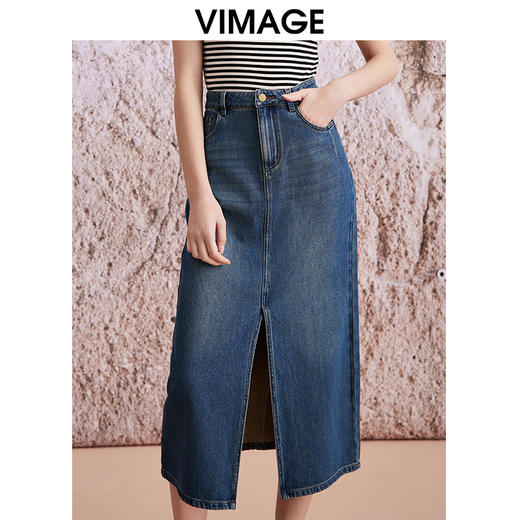 VIMAGE纬漫纪夏季新款高腰包臀开叉显瘦时尚牛仔半身裙V2106730 商品图3