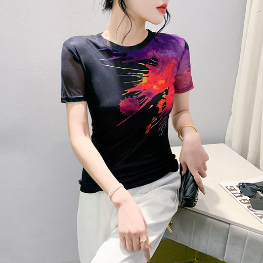时尚纱网印花定位花，短袖圆领修身显瘦洋气上衣KQL-a55f8153 商品图3