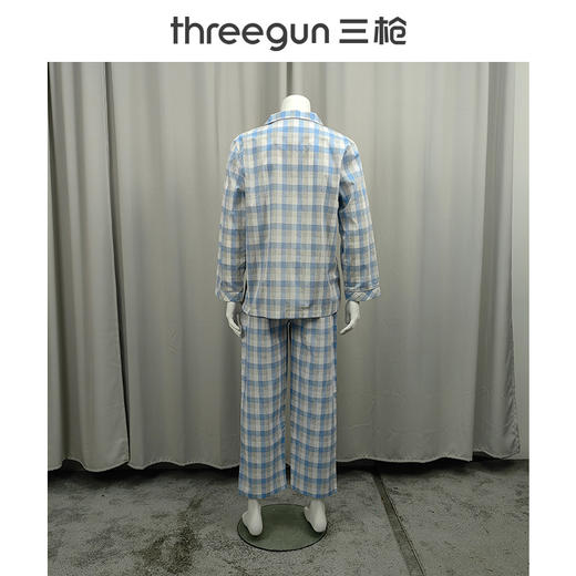 Threegun三枪 丝光棉彩格翻领开襟长袖长裤男家居套-81413D911 商品图14