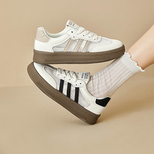 西遇网面德训鞋女新款复古阿甘鞋三条杠透气轻便厚底板鞋D0046887 商品图0