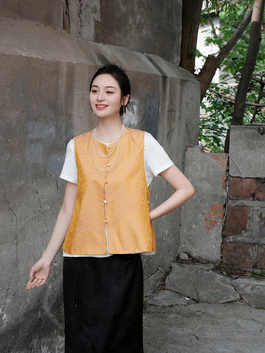 盛唐婧 |提花真丝缎双面穿对襟马甲-黄色 商品图7