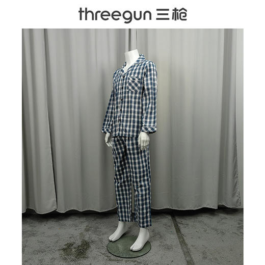 Threegun三枪 丝光棉彩格翻领开襟长袖长裤男家居套-81413D911 商品图1