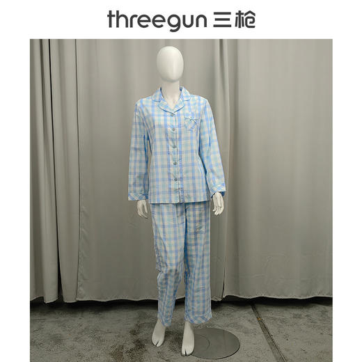 Threegun三枪 纯棉彩格翻领开襟长袖长裤女家居套-81690D911 商品图6