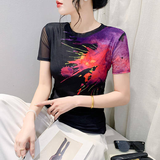 时尚纱网印花定位花，短袖圆领修身显瘦洋气上衣KQL-a55f8153 商品图0