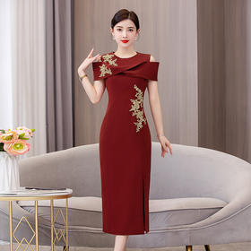 AHM-5673喜婆婆婚宴装旗袍礼服裙夏季新款重工绣花修身显瘦红色连衣裙