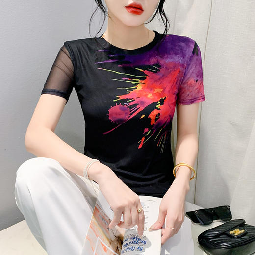 时尚纱网印花定位花，短袖圆领修身显瘦洋气上衣KQL-a55f8153 商品图1