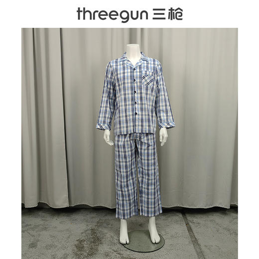 Threegun三枪 丝光棉彩格翻领开襟长袖长裤男家居套-81413D911 商品图6