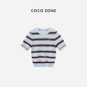 COCO ZONE"露水薄荷“夏季圆领短袖条纹套头针织衫简约百搭通勤上衣CC2B0795