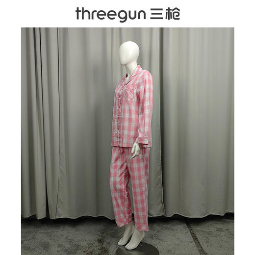 Threegun三枪 纯棉彩格翻领开襟长袖长裤女家居套-81690D911 商品图4
