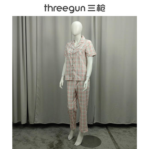 Threegun三枪 高支纯棉彩格翻领开襟短袖长裤女家居套-82114D011 商品图4