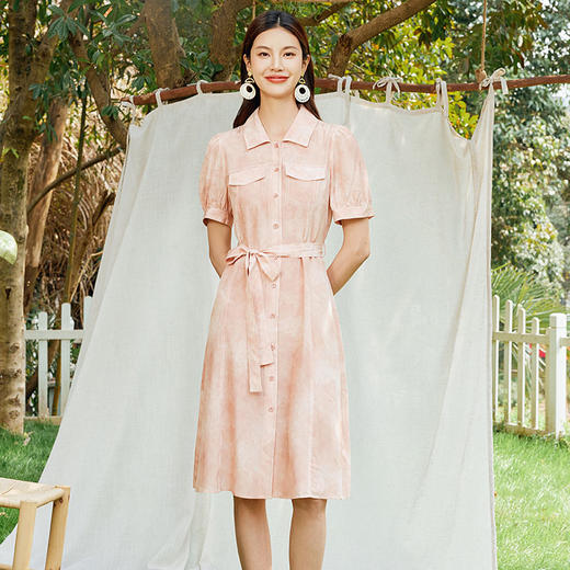玳莎印花真丝衬衫裙2024新款夏季腰带收腰显瘦桑蚕丝短袖连衣裙  EB35306 商品图0