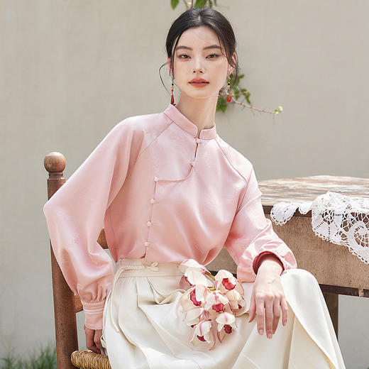 新中式国风小立领缎面提花衬衣女古典清雅气质衬衫V0041108 商品图3