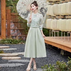 新中式精致薄荷绿绣花，改良旗袍吊带裙套装HR-ZMFS24316