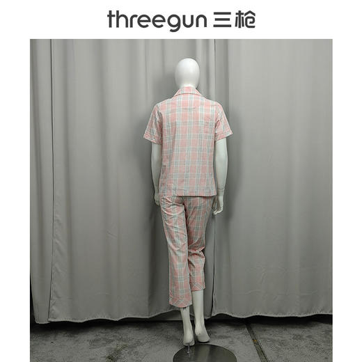 Threegun三枪 高支纯棉彩格翻领开襟短袖长裤女家居套-82114D011 商品图2