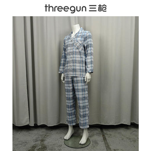 Threegun三枪 丝光棉彩格翻领开襟长袖长裤男家居套-81413D911 商品图4