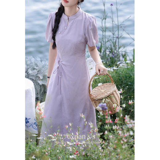 鹿向南「紫苑芳菲」新中式设计感连衣裙女夏季收腰系带开叉长裙L36532 商品图2