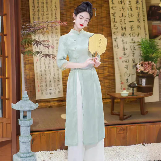 WY73-106-2090 2090新中式旗袍连衣裙夏季国风气质收腰修身显瘦套装高品质雪纺裤 商品图2