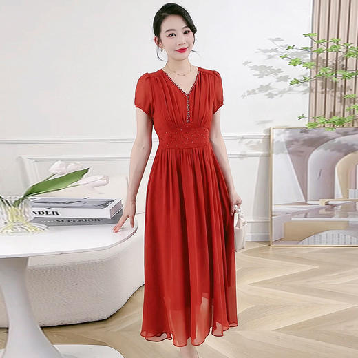 QYM 58B9161 -L收腰时尚雪纺裙V领优雅气质连衣裙 商品图2