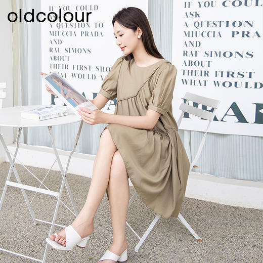 oldcolour夏季新款宽松短袖连衣裙女浅绿色泡泡袖短裙P25101532 商品图3