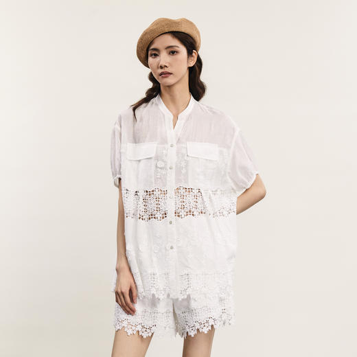 谜底套装女士2024年夏季新品通勤风蕾丝拼接衬衫+短裤242MTZ0553 商品图0
