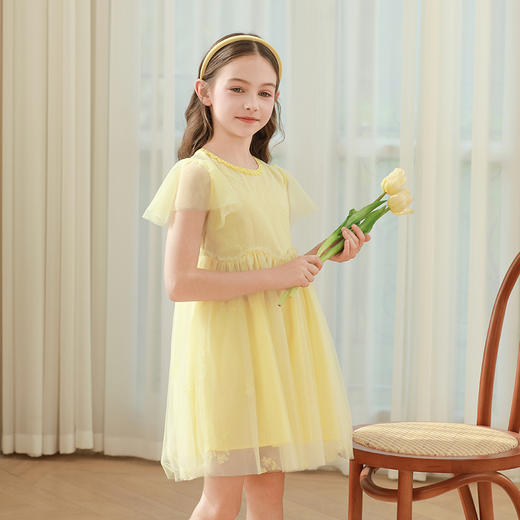 mettekids女童连衣裙2024夏季新款鹅黄色网纱公主裙儿童洋气裙子 商品图1