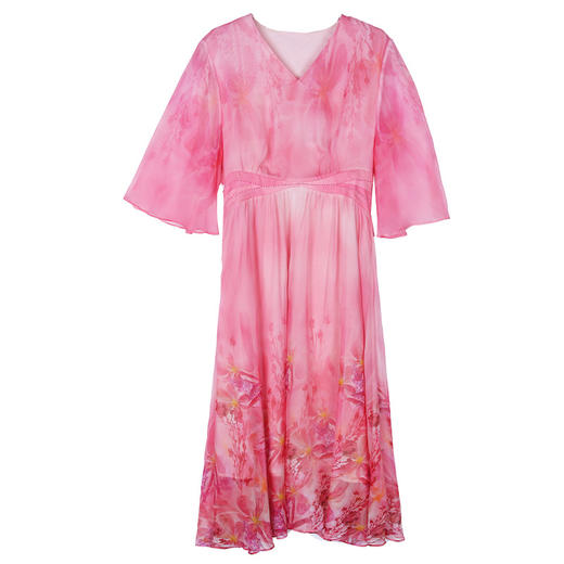 AHM-6523仿真丝粉色印花连衣裙女夏季新款法式甜美减龄收腰V领长裙 商品图4