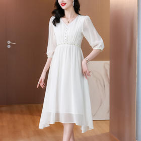 AHM-6525时尚优雅V领收腰连衣裙夏季新款高级感气质白色法式雪纺长裙
