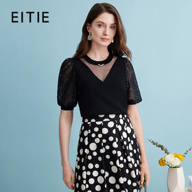 EITIE爱特爱夏季新款镂空网纱气质圆领黑色莱赛尔针织衫上衣B2401318