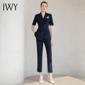 IWY/短袖藏青色西装套装女设计感高端商务气质经理修身西服套裤装232021C1P1