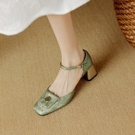 阿么手工女鞋新中式方头一字带粗跟凉鞋不掉跟5.5CM浅口百搭高跟 商品图1