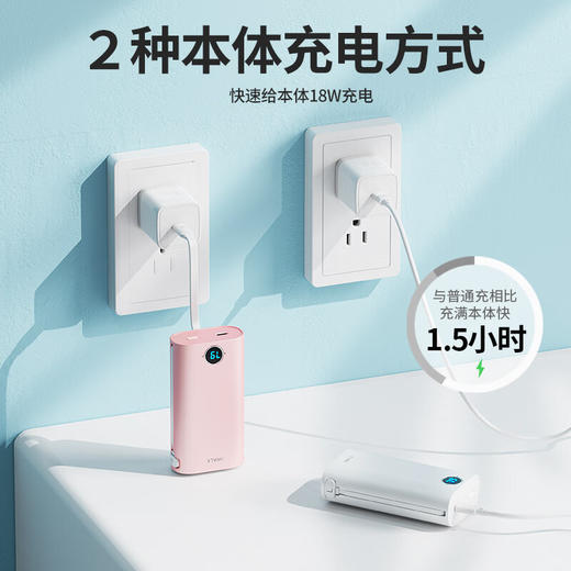 【国家3C认证】爱沃可（iWALK）DBL10000S自带3线充电宝快充便携适用iPhone15华为苹果小米小巧轻薄大容量胶囊迷你type-c 粉色 商品图1