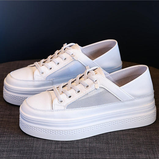 网面透气真皮圆头绑带平跟软底一脚蹬休闲板鞋 商品图1