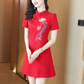 HT-8706夏季新款新国风民族风旗袍超修身短袖淑女甜美收腰连衣裙