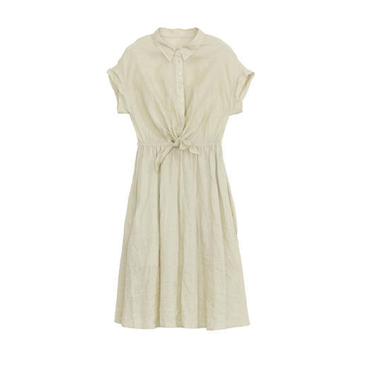 谜底连衣裙短袖2024年夏款通勤风简约苎麻收腰中长裙子242ML0620 商品图4