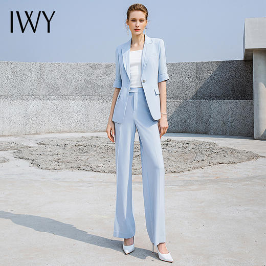 IWY/夏季透气浅蓝色西服短袖职业女修身高端商务通勤西装阔腿裤装232014C1+P6 商品图3
