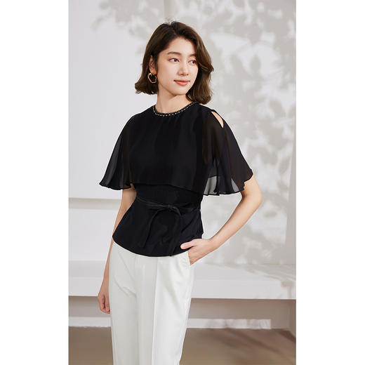 乔万尼真丝圆领19mm弹力凸花绉100%桑蚕丝收腰上衣EM2C737 商品图2